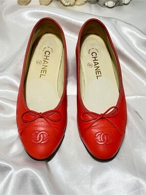 Chanel pink Red Leather Ballet Flats - Classic CC Bow